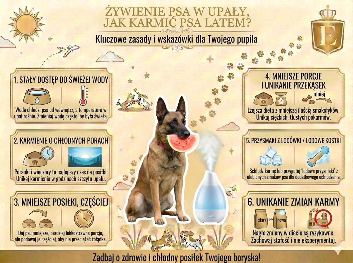 Infografika przedstawiająca najważniejsze zasady żywienia psa podczas upałów, w tym znaczenie świeżej wody, karmienia w chłodniejszych porach dnia, mniejszych porcji, chłodzących przysmaków oraz unikania nagłych zmian karmy.